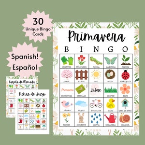 Spanish Spring Bingo Cards, Printable Springtime Party Games for Kids, Teens, and Adults, Primavera Family Group Activity