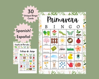 スペインの春のビンゴカード、子供、ティーン、大人向けの印刷可能な春のパーティーゲーム、プリマベーラファミリーグループアクティビティ