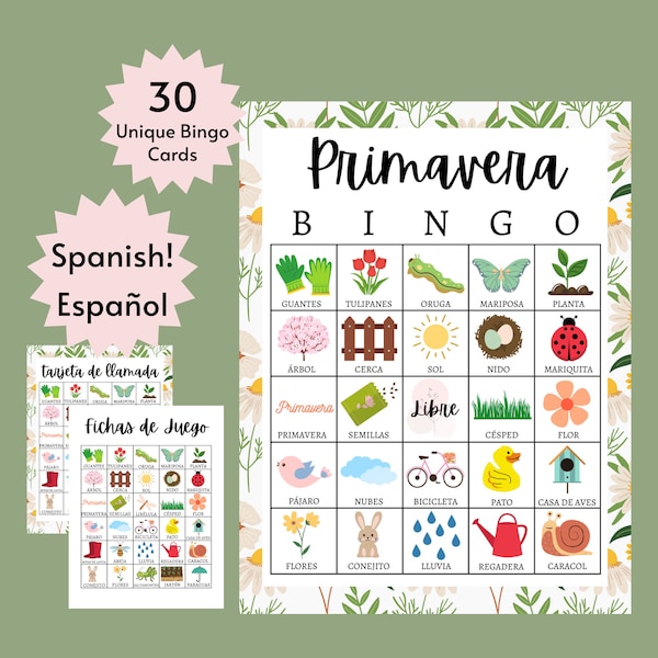 Spring Bingo in Spanish, Primavera Bingo, Printable Spring Activities for Kids, Spanish Games