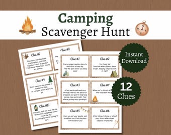 Camping Schnitzeljagd für Kinder, druckbare Camp Schatzsuche mit Hinweiskarten