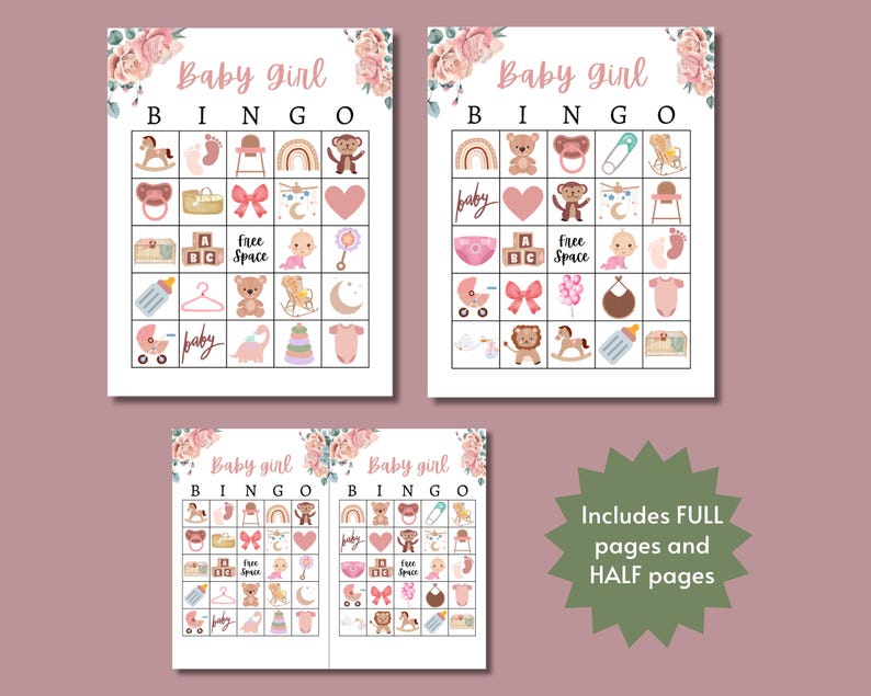 Baby Shower Bingo Cards, Baby Girl Party Game for Kids and Adults ...