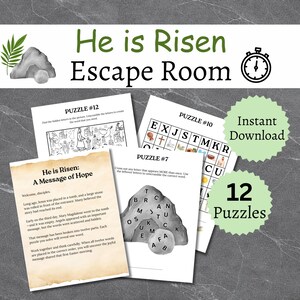 Op de afbeelding: Een ontsnappingsspel met Pasen als thema, getiteld "He is Risen Escape Room". De afbeelding toont verschillende puzzelbladen, waaronder een boodschap van hoop en verschillende uitdagingen. Het spel bevat 12 puzzels en is direct te downloaden.