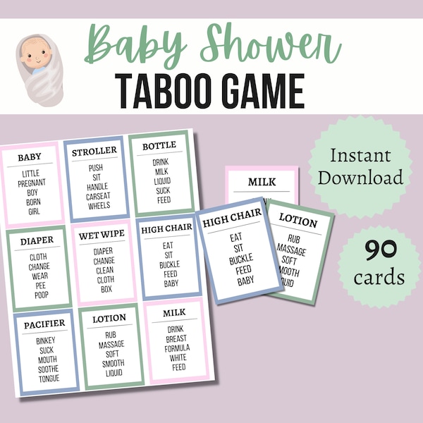 Baby Shower Tabu Spiel, druckbare Baby Shower Tabu Karten, Baby Shower Party Spiel