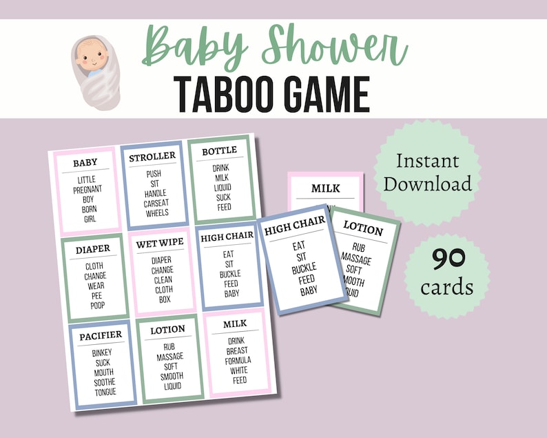 Baby Shower Taboo Game, Printable Baby Shower Taboo Cards, Baby Shower Party Game image 1