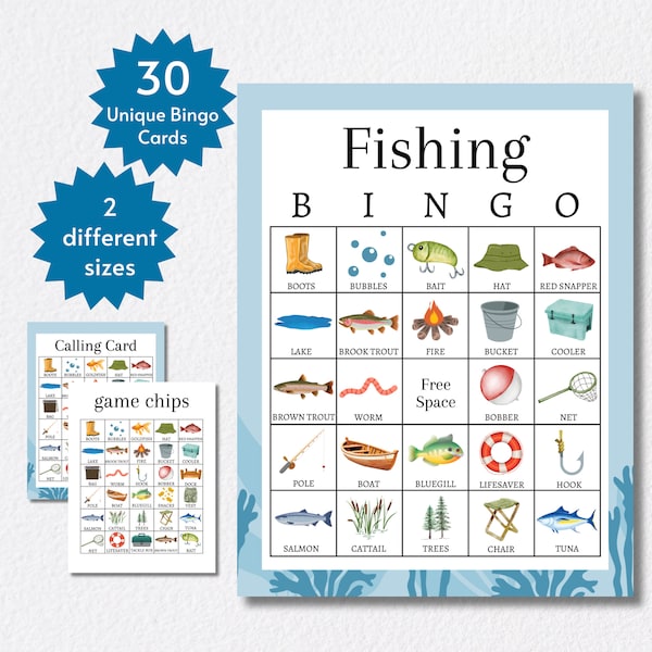 Fishing Bingo Cards, Fishing Birthday Party Game for Kids and Adults, Printable Summer Activity