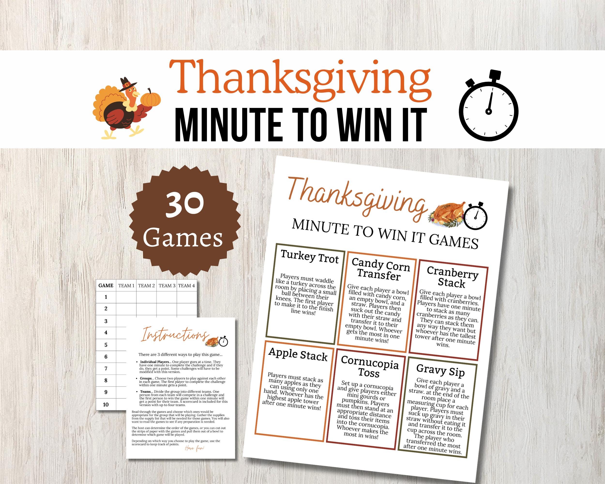 thanksgiving minute to win it games, printable thanksgiving party