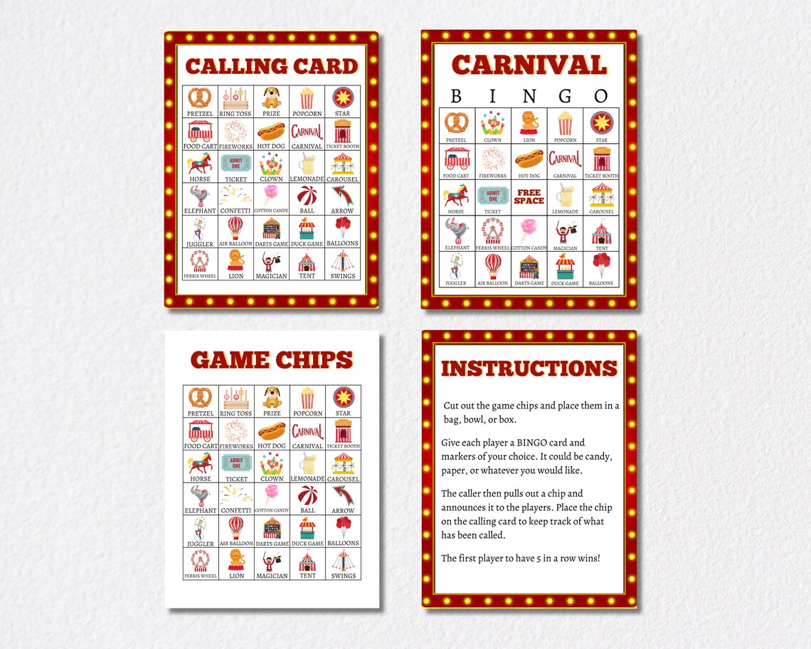 Carnival Bingo Cards, Printable Circus Party Game, Includes Full and ...