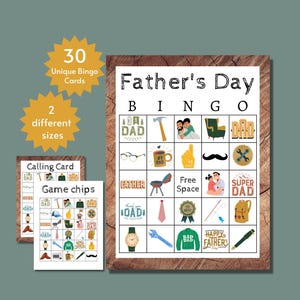 Paquete de tarjetas de bingo para el Día del Padre, juego imprimible para fiestas del Día del Padre para niños, adolescentes y adultos, actividad con temática de papá, páginas completas y medias páginas.