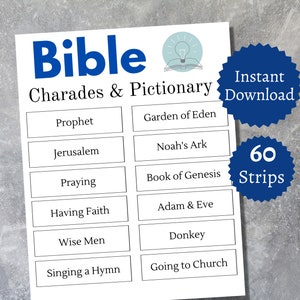 Bijbelcharades, bijbelpictionarykaarten, afdrukbare christelijke spellen voor kinderen, tieners en volwassenen