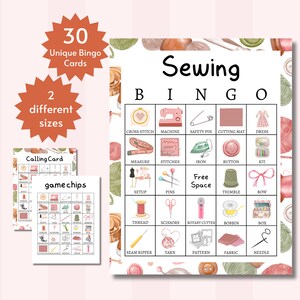 Bingokaarten naaien, afdrukbaar naaicursusspel voor kinderen, tieners en volwassenen, klasactiviteit op school