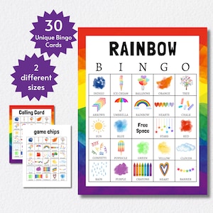 Cartes de bingo arc-en-ciel, jeu de bingo coloré imprimable pour enfants
