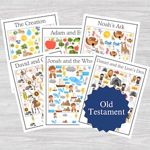 May include: A collection of illustrated Bible story prints, including "The Creation," "Noah's Ark," and "Daniel and the Lion's Den." Each print features colorful drawings and the title in black text. A navy blue starburst shape displays the words "Old Testament."