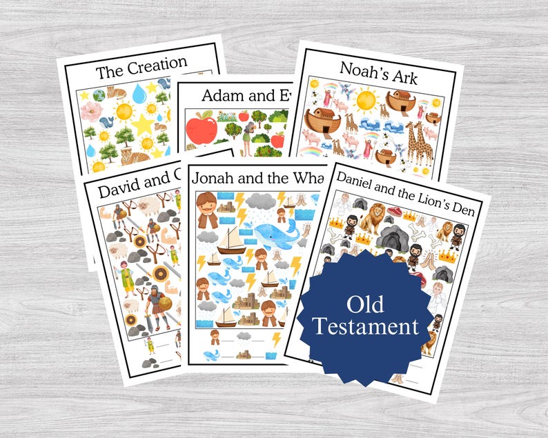 May include: A collection of illustrated Bible story prints, including "The Creation," "Noah's Ark," and "Daniel and the Lion's Den." Each print features colorful drawings and the title in black text. A navy blue starburst shape displays the words "Old Testament."