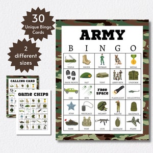 Legerbingokaarten, afdrukbaar militair spel voor kinderen, tieners en volwassenen, feestactiviteit met camouflagethema