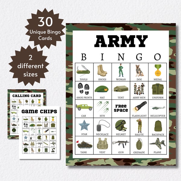 Army Bingo Cards, Printable Military Game for Kids and Adults, Camo Themed Party Activity