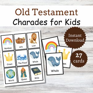 Könnte beinhalten: Ein Set mit Altes Testament Charaden für Kinder Karten. Die Karten zeigen Illustrationen eines Regenbogens, einer Arche, eines Löwen, einer Krone, der Flut, eines Wals, der Welt, einer Königin und einer Bibel. Das Bild enthält auch einen braunen Stern mit den Worten "Sofort-Download" und einen braunen Kreis mit "27 Karten".