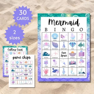 Mermaid Bingo Cards, Under the Sea Birthday Party Game for Kids, Ocean-Themed Activity, Includes Full and Half Pages