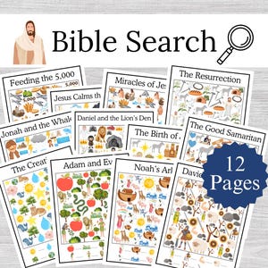 Bible Search and Find Pages, Printable Bible Stories Game for Kids, Old and New Testament Activity image 1