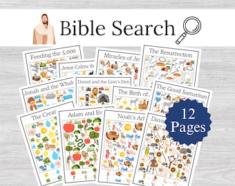 Pagina's voor zoeken en vinden in de Bijbel, afdrukbare game met bijbelverhalen voor kinderen, activiteit in het Oude en Nieuwe Testament