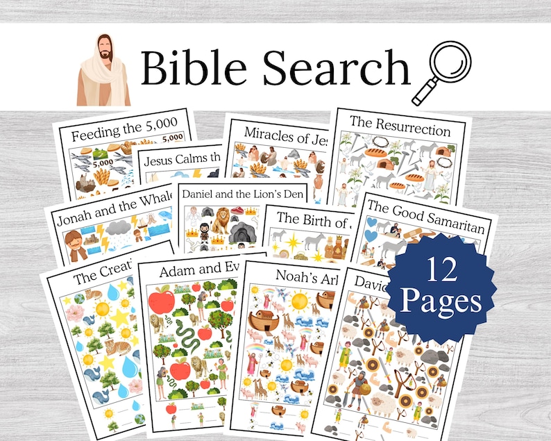 Bible Search and Find Pages, Printable Bible Stories Game for Kids, Old and New Testament Activity image 1