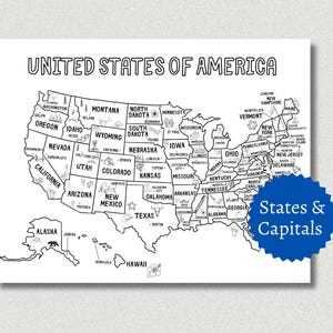May include: A black and white line art map of the United States of America featuring state names, capital cities, and small illustrations for each state. A blue starburst-shaped badge with the white text States & Capitals overlays the map.