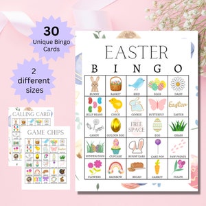 Op de afbeelding: Een printbaar paasbingo-spel met 30 unieke kaarten. Het spelbord bevat afbeeldingen van paas-thema's zoals konijnen, eieren, kuikens en bloemen. Het spel bevat een oproepkaart en spelchips.