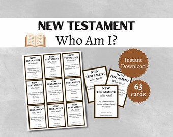 Tarjetas de preguntas y respuestas del Nuevo Testamento "¿Quién soy yo?", juego imprimible de estudio bíblico para niños, adolescentes y adultos.