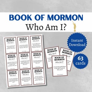 Puede incluir: Un conjunto de tarjetas "Libro de Mormón: ¿Quién soy yo?". Las tarjetas son blancas con bordes marrones y presentan texto. La imagen también incluye las palabras "Descarga instantánea" y "63 tarjetas".