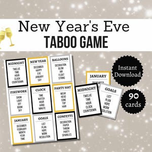 Jogo de Tabu para Véspera de Ano Novo, Jogo de Festa de Ano Novo para Imprimir, Atividade de Palavras Proibidas para o Feriado para Crianças, Adolescentes e Adultos