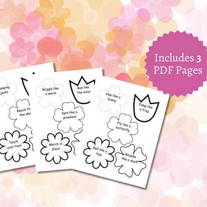 May include: Three white PDF pages with black text and flower-shaped illustrations. The text includes phrases like "Jumping jacks," "Wiggle like a worm," and "Jump like a frog." A pink circle with the text "Includes 3 PDF Pages" is also visible.