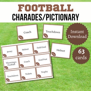 Voetbalcharades en pictionarykaarten, afdrukbaar American Football-feestspel voor kinderen, tieners en volwassenen, leuke sportactiviteit