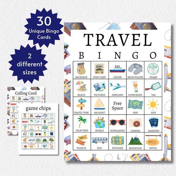 Travel Bingo Cards, Printable Travel and Tourism Party Game for Kids and Adults, Road Trip Activity