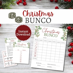Kerstbundel Bunco, afdrukbaar kerstfeestspel voor groepen, Bunco-scorekaarten december met notitieblaadjes en tafelmarkeringen