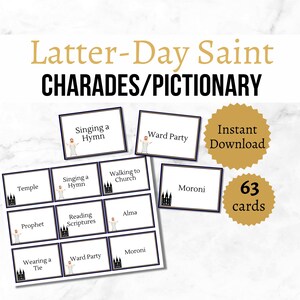 Juego de charadas SUD, actividad imprimible para fiestas de los Santos de los Últimos Días para niños, adolescentes y adultos, tarjetas Pictionary del Libro de Mormón