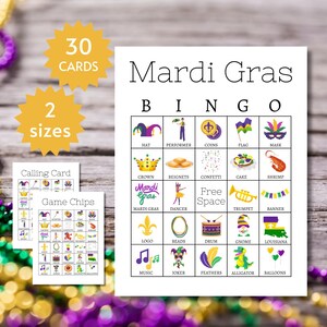 Cartes de bingo Mardi Gras, jeu de fête imprimable Mardi Gras pour enfants et adultes, activité sur le thème de la Nouvelle-Orléans, fête de Mardi Gras