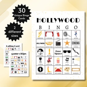 Hollywood-bingokaarten, afdrukbare filmavondpartygame, inclusief volledige en halve pagina's