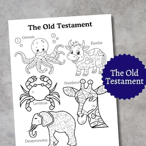 Könnte beinhalten: Schwarz-Weiß-Malvorlage mit dem Titel "The Old Testament" mit Illustrationen eines Oktopus, einer Kuh, einer Krabbe, einer Giraffe und eines Elefanten. Jedes Tier ist mit einem Buch der Bibel und nummerierten Abschnitten zum Ausmalen versehen.