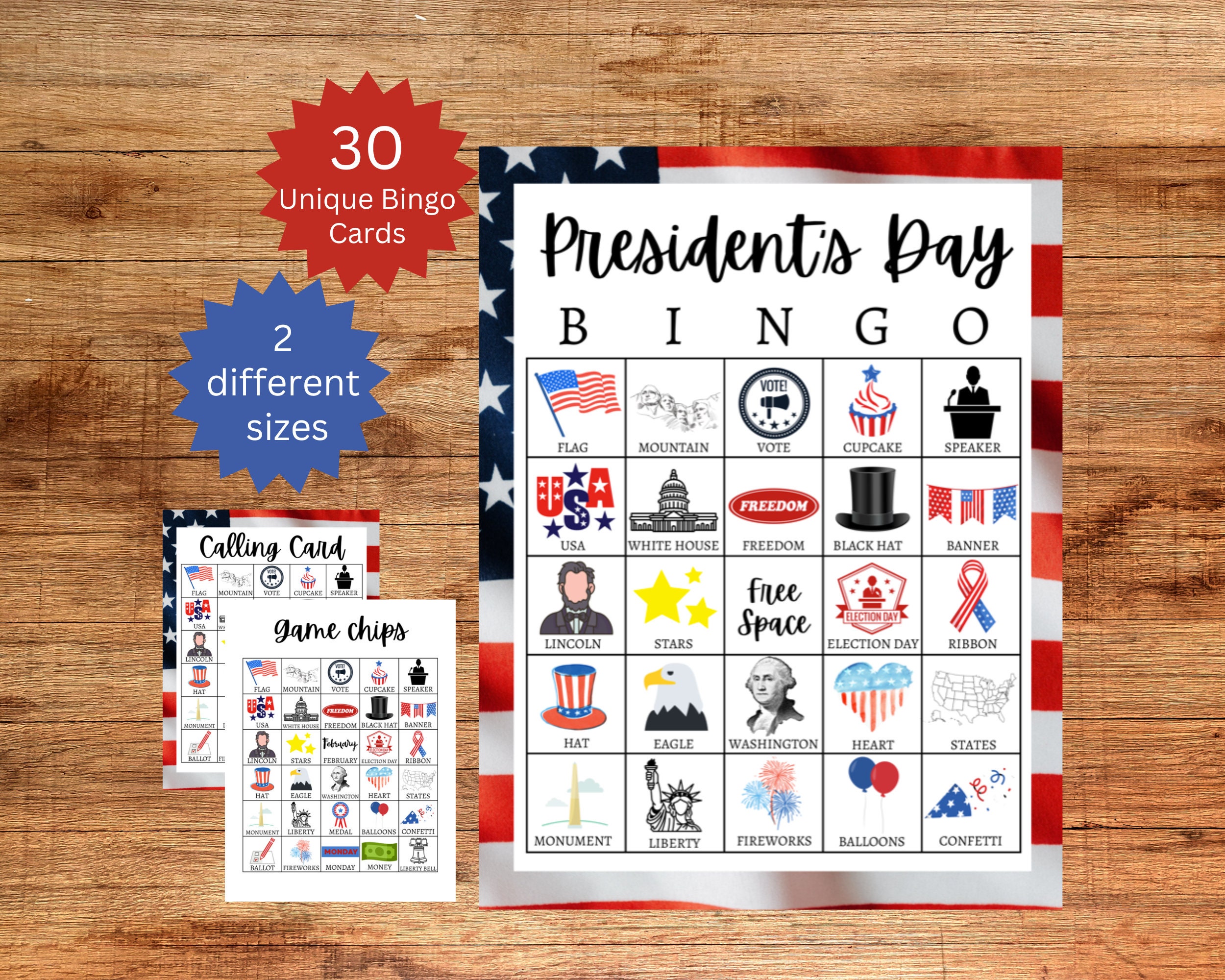 präsident's day bingo, druckbares partyspiel für kinder, jugendliche und erwachsene, aktivität der vereinigten staaten von amerika