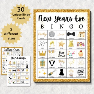 Tarjetas de bingo de Nochevieja, juego imprimible para fiestas navideñas para niños, adolescentes y adultos, actividad grupal de Año Nuevo