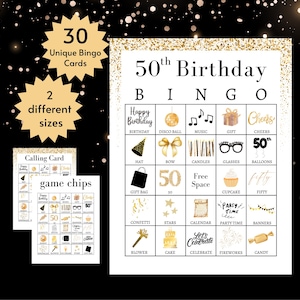 50. Geburtstags-Bingokarten, druckbares 50. Geburtstagsparty-Spiel für Gruppen, schwarz-goldene fünfzig Jahre alte Aktivitätsidee