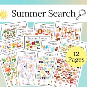 Puede incluir: Una colección de 12 páginas de actividades imprimibles "Summer Search". Cada página presenta un tema de verano diferente, como acampada, helados y playa, con ilustraciones coloridas y indicaciones de búsqueda. Incluye un sol amarillo y una lupa.