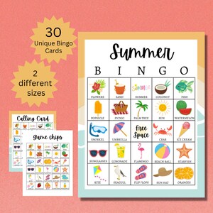 Cartões de bingo de verão, jogo de festa de verão para impressão para crianças, adolescentes e adultos, atividade de verão para a família, inclui páginas inteiras e meias páginas