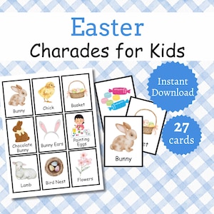Op de afbeelding: Een Paas Charades spel voor kinderen, met kaarten met illustraties van paas thema's zoals konijnen, kuikens, manden en eieren. De titel "Easter Charades for Kids" is zichtbaar, samen met "Instant Download" en het aantal kaarten, namelijk 27.