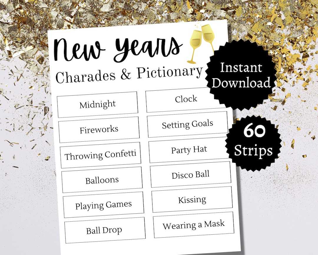New Year's Eve Pictionary and Charades Cards, Printable New Year Party ...