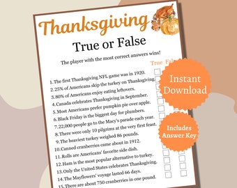 Thanksgiving True or False Game, Thanksgiving Party Game, Thanksgiving Game Printable