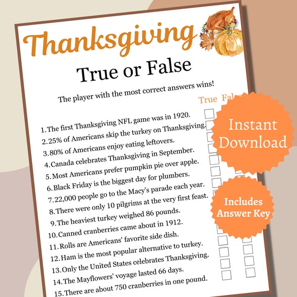 Thanksgiving True or False Game, Thanksgiving Party Game, Thanksgiving Game Printable