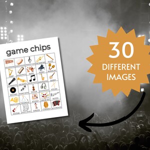 May include: A printable game chip set with 30 different musical instrument images. The images are in black and white and are arranged in a grid. The text "game chips" is at the top of the grid.