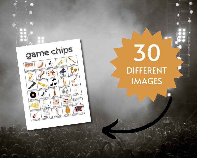 May include: A printable game chip set with 30 different musical instrument images. The images are in black and white and are arranged in a grid. The text "game chips" is at the top of the grid.