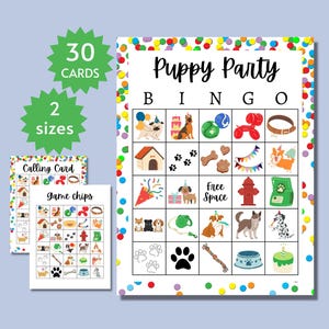 Welpen Party Bingokarten, druckbares Hundegeburtstagsfeierspiel, enthält ganze und halbe Seiten, niedliche Tier bezogene Aktivität