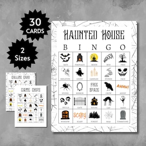Cartes de bingo dans la maison hantée, jeu de fête d'Halloween à imprimer pour enfants, adolescents et adultes, activité effrayante